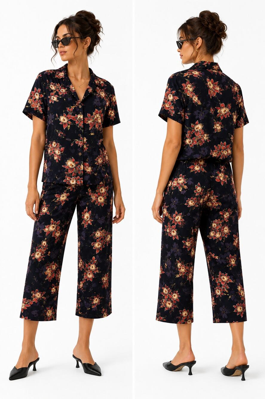 Vtg 90s Floral Tropical Blouse And Cropped Pants Set S Vacation Resort Retro